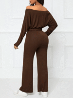 Casual Brown One-Shoulder Wide-Leg Jumpsuit for Women with Irregular Hem, Long Sleeves & Waist Tie Bow - Image 3