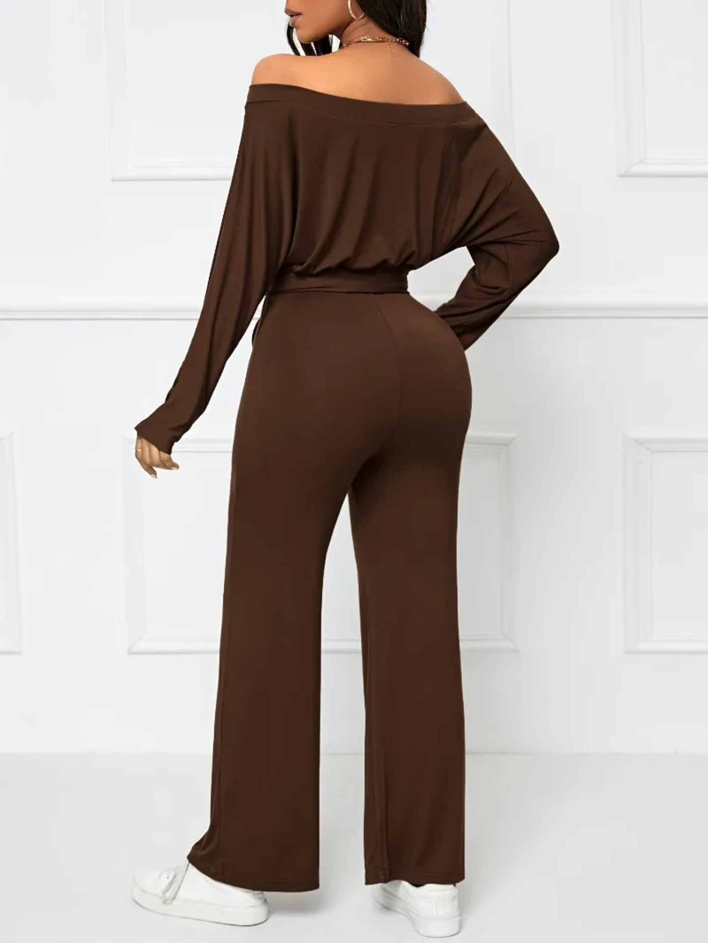 Casual Brown One-Shoulder Wide-Leg Jumpsuit for Women with Irregular Hem, Long Sleeves & Waist Tie Bow - Image 3