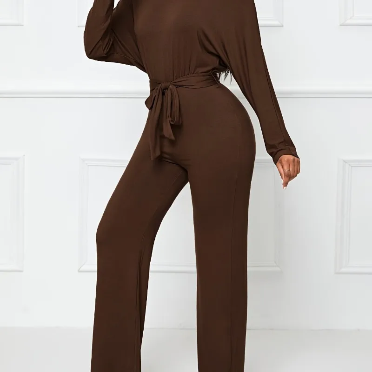 Casual Brown One-Shoulder Wide-Leg Jumpsuit for Women with Irregular Hem, Long Sleeves & Waist Tie Bow - Image 5