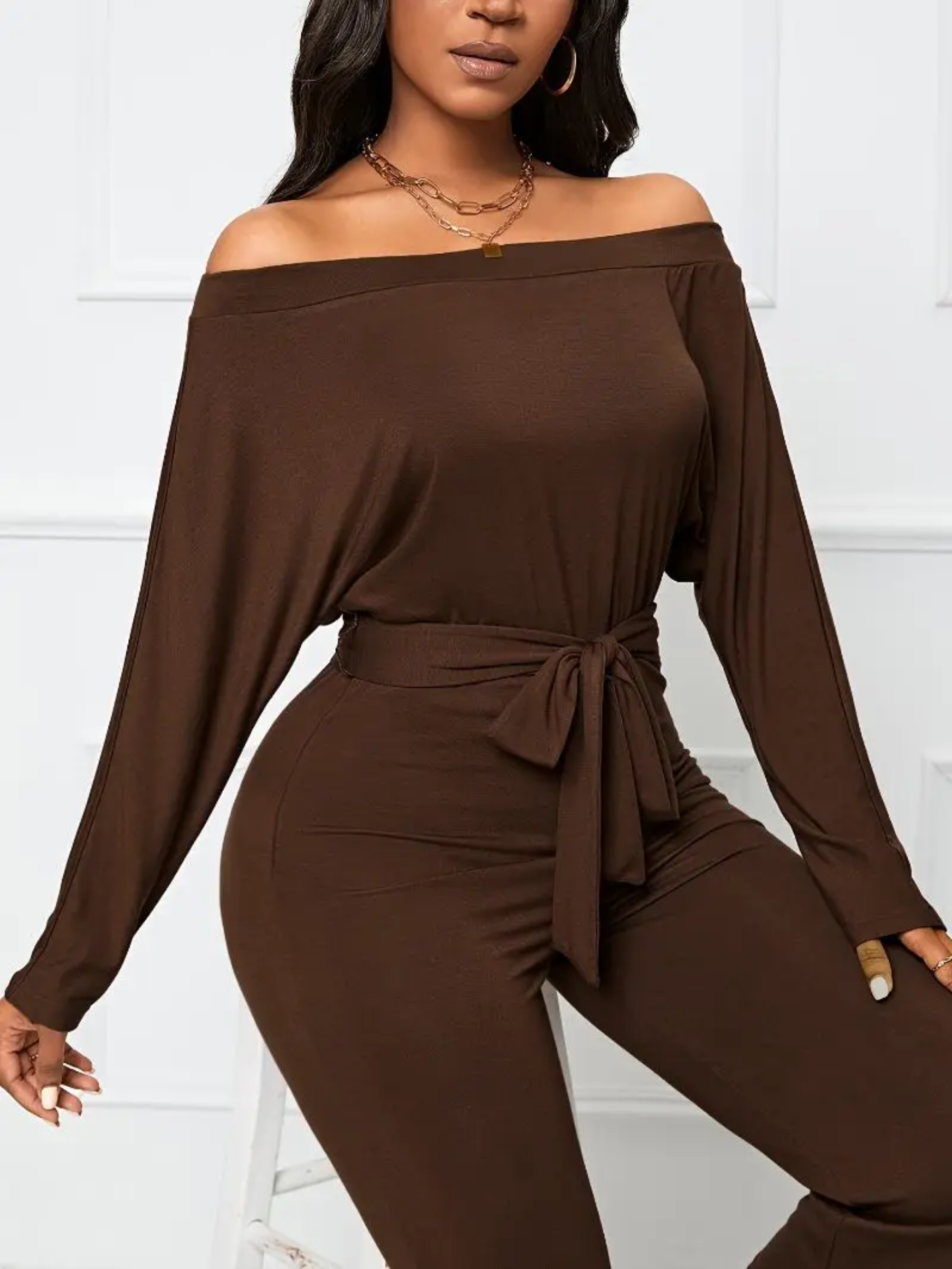 Casual Brown One-Shoulder Wide-Leg Jumpsuit for Women with Irregular Hem, Long Sleeves & Waist Tie Bow - Image 4