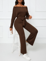 Casual Brown One-Shoulder Wide-Leg Jumpsuit for Women with Irregular Hem, Long Sleeves & Waist Tie Bow - Image 6