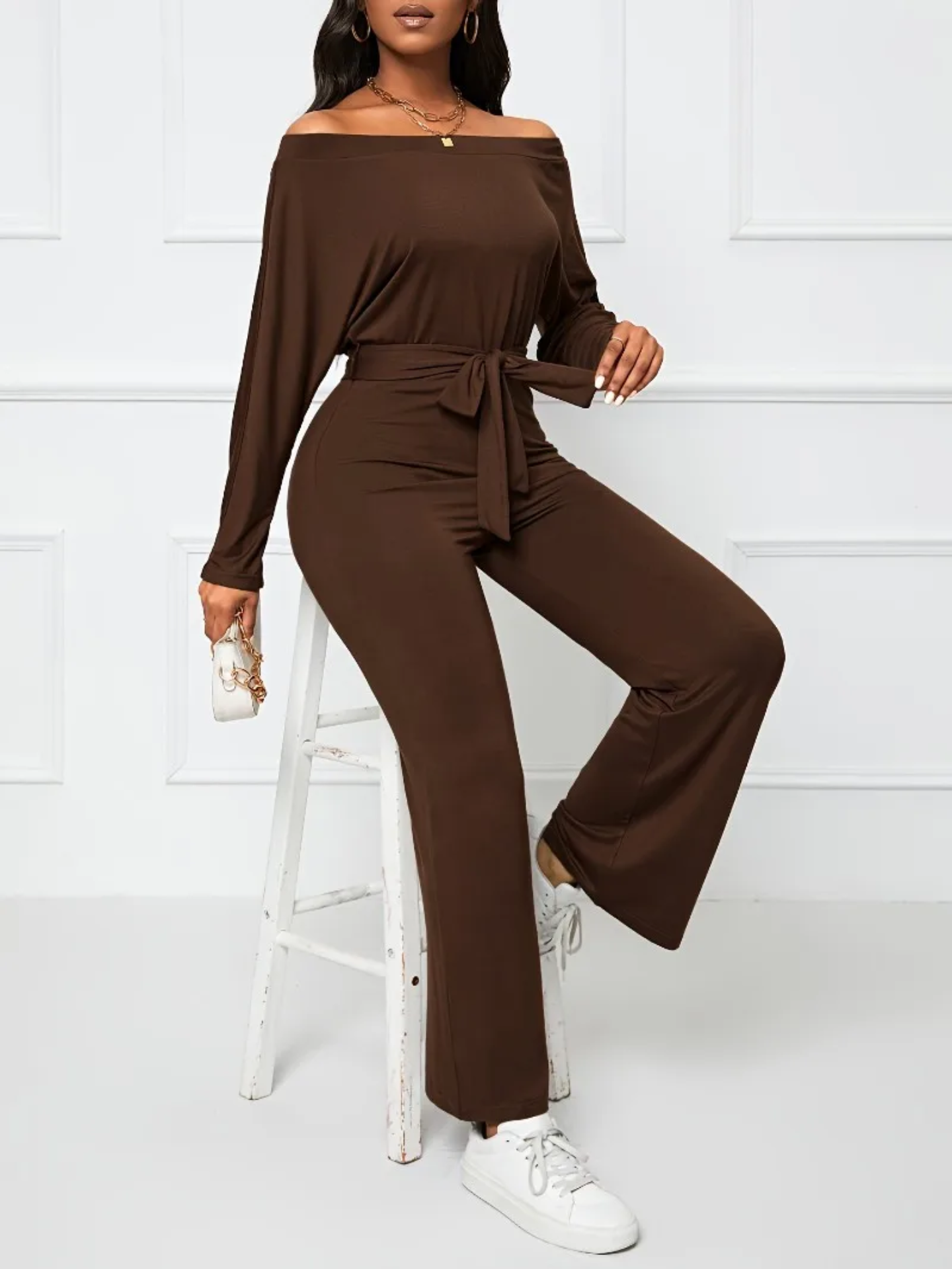 Casual Brown One-Shoulder Wide-Leg Jumpsuit for Women with Irregular Hem, Long Sleeves & Waist Tie Bow - Image 6