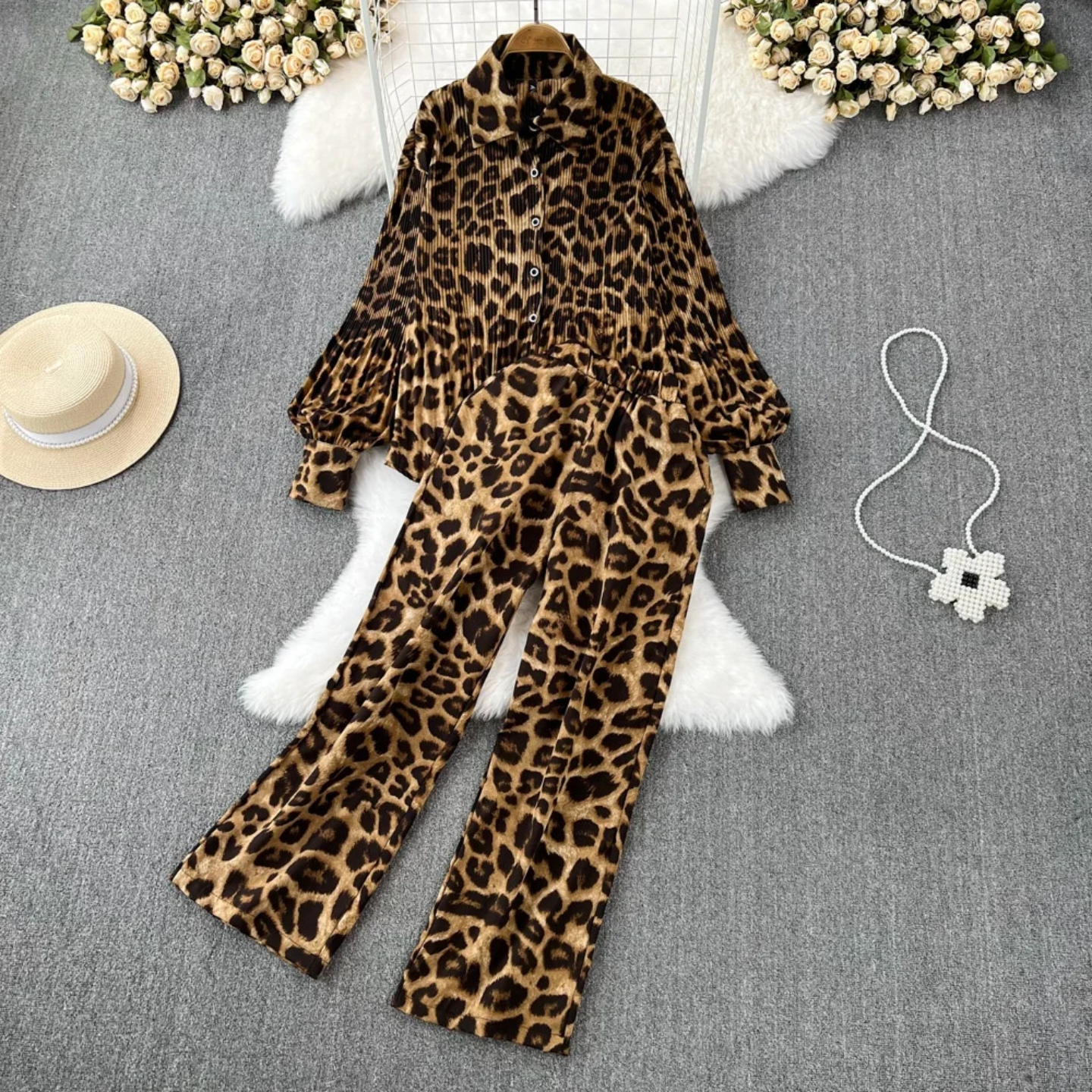 1750949117845 Women’s 2-Piece Leopard Print Set Lantern Sleeve Shirt & High-Waisted Wide-Leg Pants - Image 1
