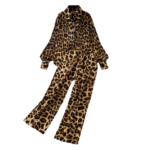 Women’s 2-Piece Leopard Print Set Lantern Sleeve Shirt & High-Waisted Wide-Leg Pants - Image 2