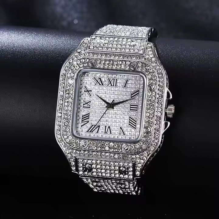 Men's Basic Waterproof Moissanite Watch with Band and Diamond Fashion Ring