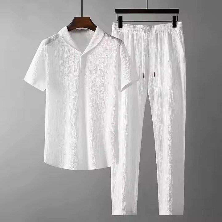 Summer Men 2 Piece Suits Short Sleeve Tops + Long Pants Solid Polo-White Color