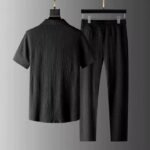 Summer Men 2 Piece Suits Short Sleeve Tops + Long Pants Solid Polo-Black Color - Image 2