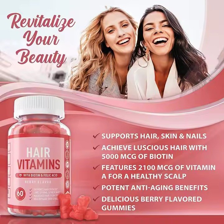 Adult Hair Vitamins with Biotin and Folic Acid Gummy Capsule Form Beauty Product for Hair Enhancement - Image 2