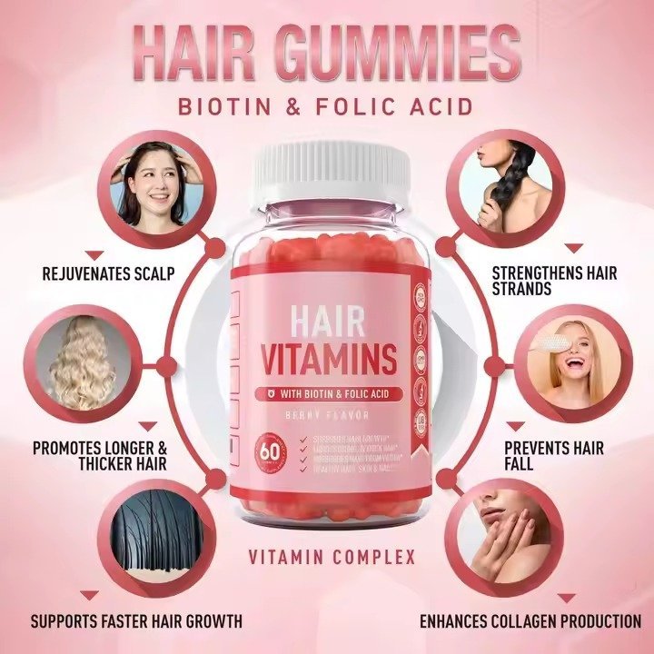 Adult Hair Vitamins with Biotin and Folic Acid Gummy Capsule Form Beauty Product for Hair Enhancement - Image 6