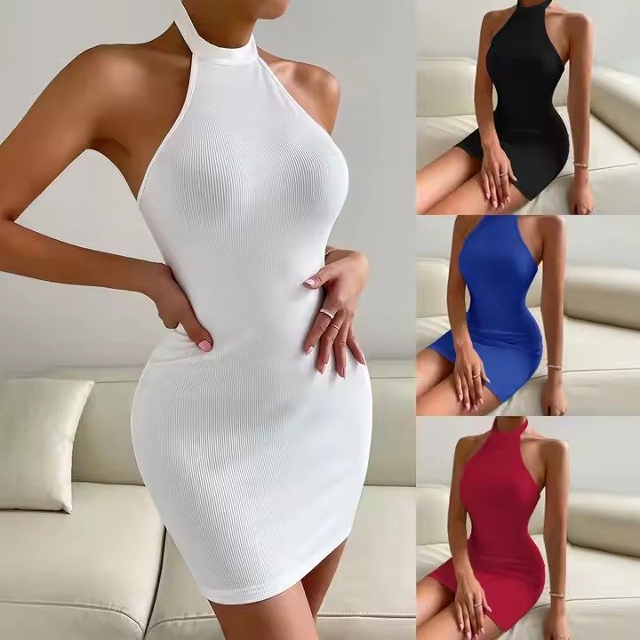 Women Summer New Party Dress Sexy Backless Stand Collar Sleeveless Hip Dress