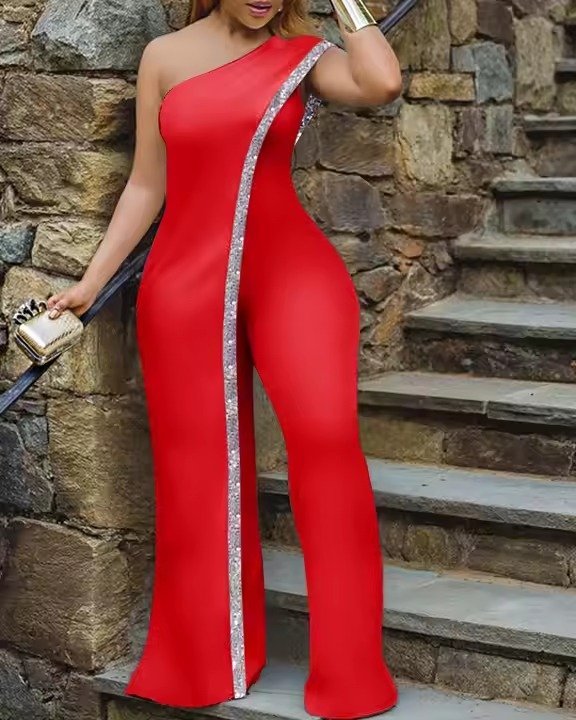 Women’s Irregular One-Shoulder Sequin Detail Party Jumpsuit for Ladies - Image 3