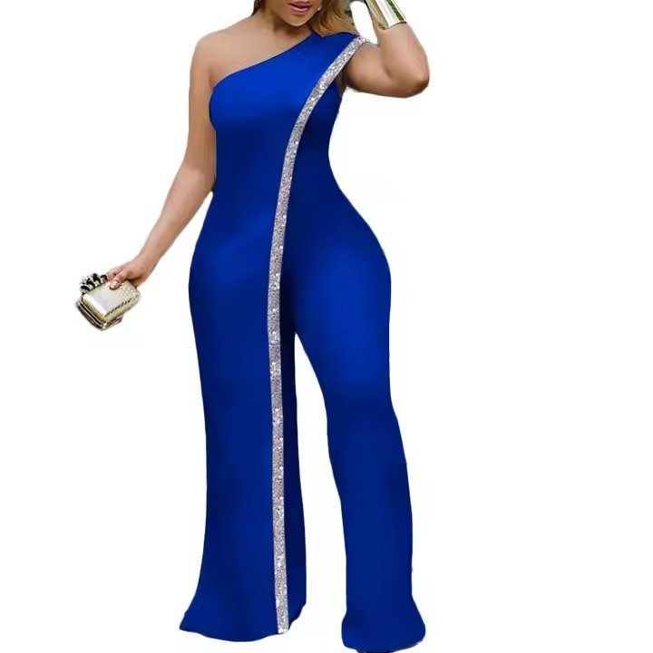 Women’s Irregular One-Shoulder Sequin Detail Party Jumpsuit for Ladies - Image 6