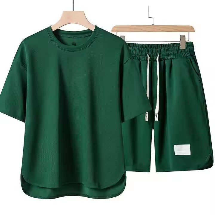 Short-sleeved Suit Men's Round Neck High-end Solid Color Half-sleeved Polo Set Summer Designs - Image 2