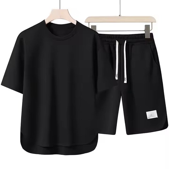 Short-sleeved Suit Men's Round Neck High-end Solid Color Half-sleeved Polo Set Summer Designs - Image 3
