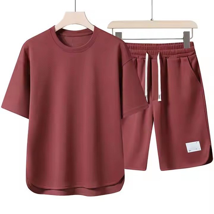 Short-sleeved Suit Men's Round Neck High-end Solid Color Half-sleeved Polo Set Summer Designs - Image 4