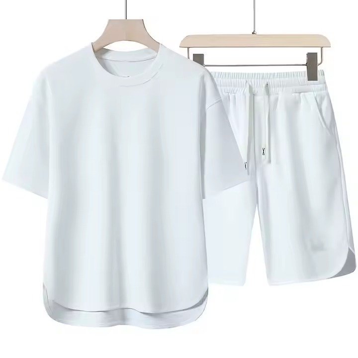 Short-sleeved Suit Men's Round Neck High-end Solid Color Half-sleeved Polo Set Summer Designs - Image 5
