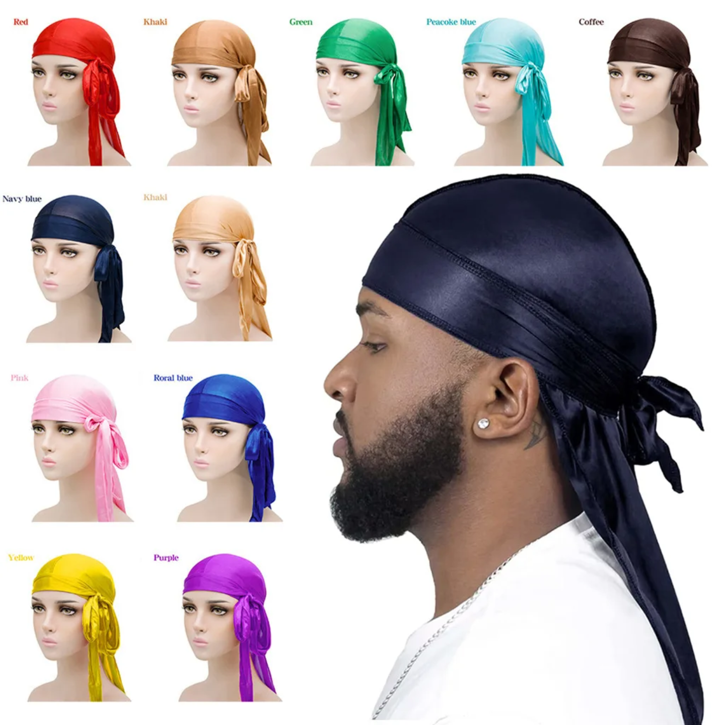 Men’s Silky Long-Tail Durag, Unisex Satin Headwrap