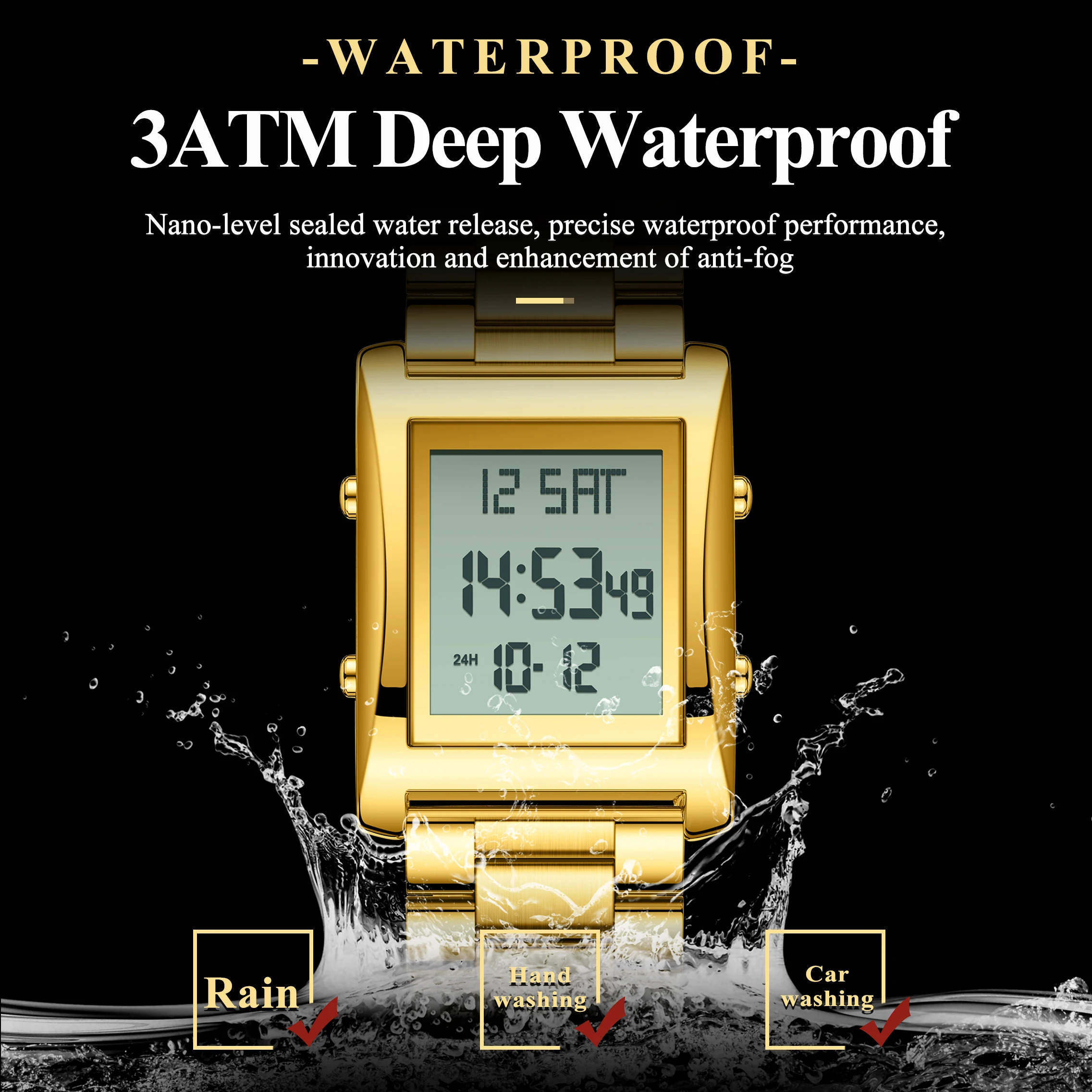 CAREKISO Original LED Men Watch Waterproof Week Calendar Alarm Man Wristwatch Rectangle Stainless Steel Electronic Men's Watches - Image 3