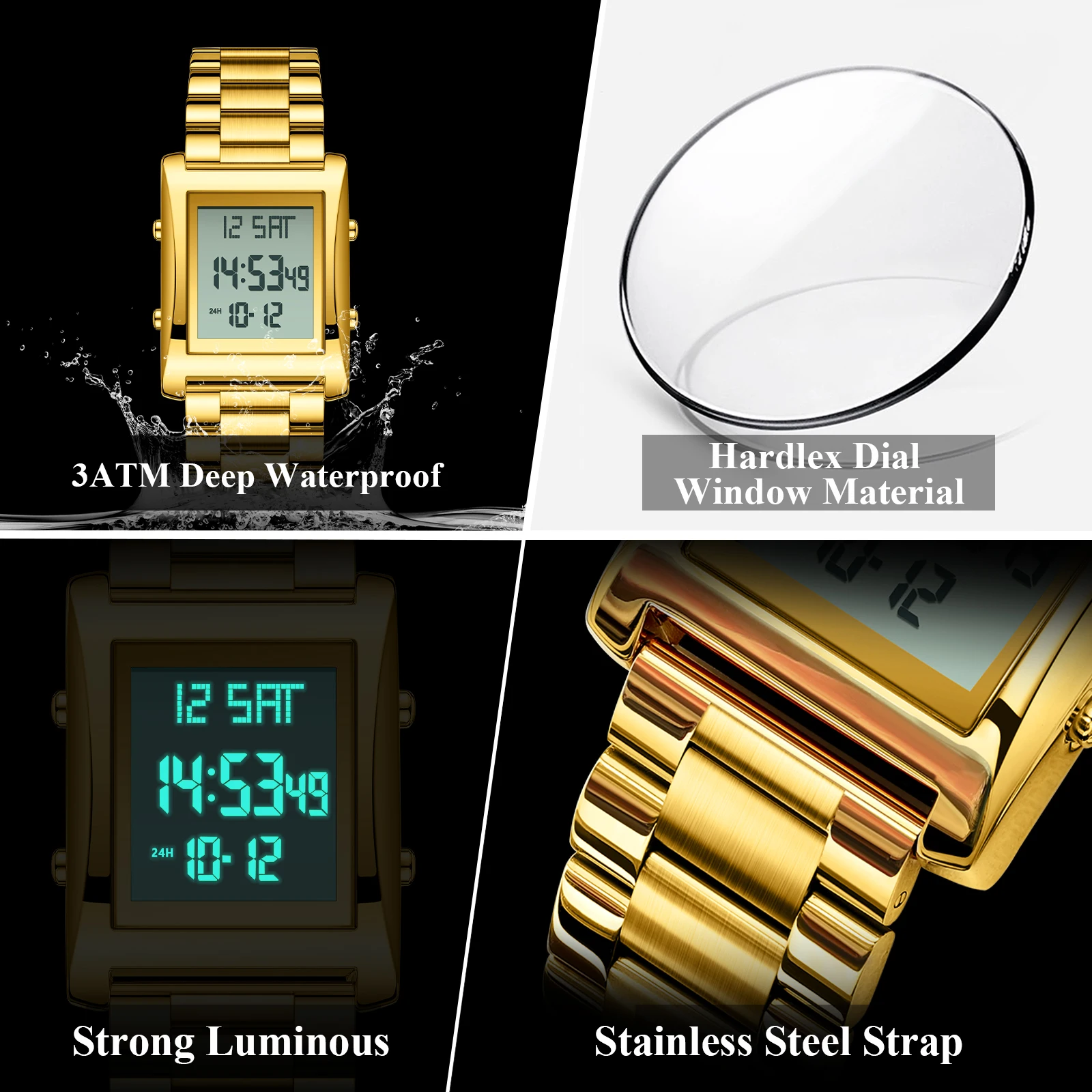 CAREKISO Original LED Men Watch Waterproof Week Calendar Alarm Man Wristwatch Rectangle Stainless Steel Electronic Men's Watches - Image 4