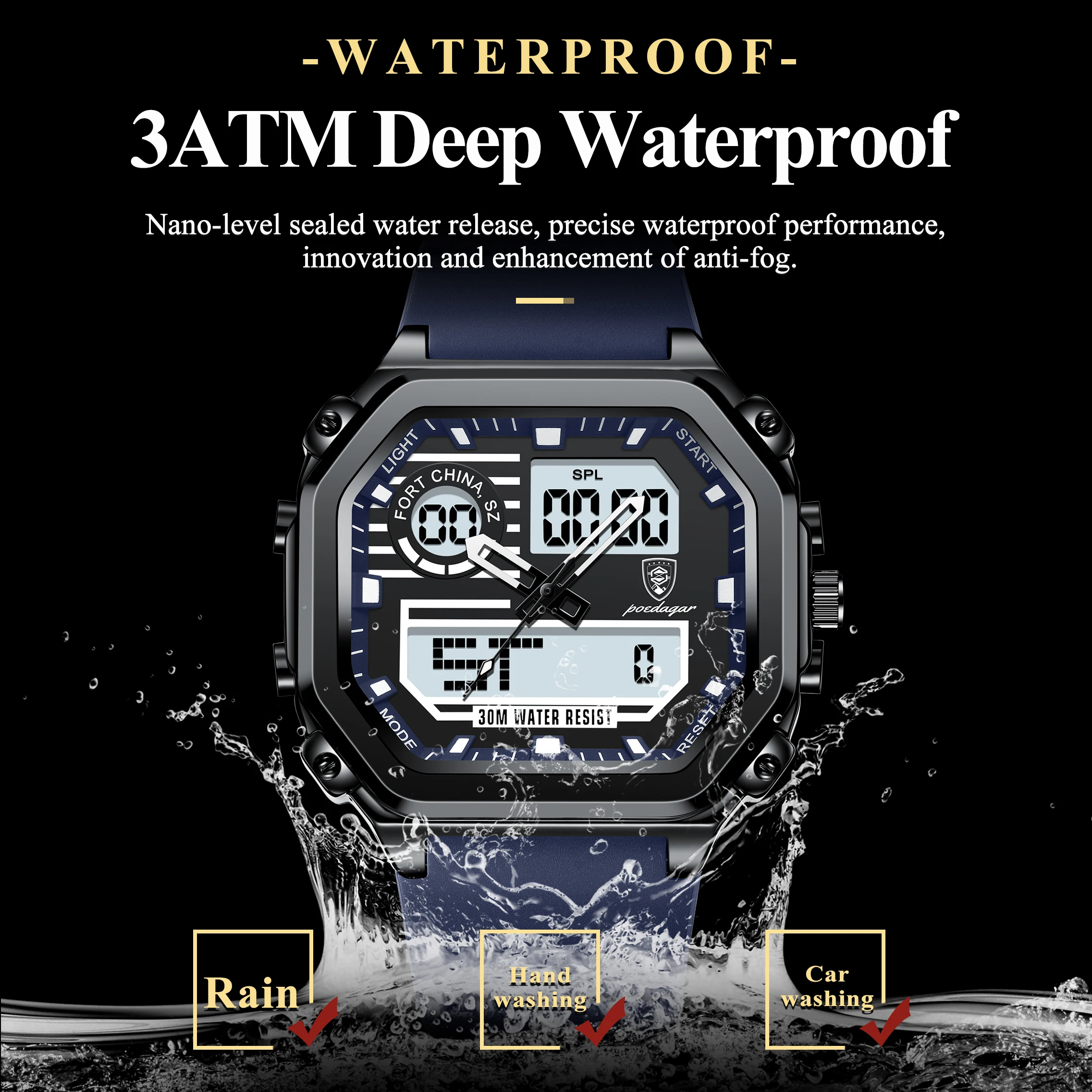 POEDAGAR Sports LED Men Watch Waterproof Luminous Week Date Square Man Wristwatch Silicone Strap Electronic Quartz Men's Watches - Image 3