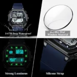 POEDAGAR Sports LED Men Watch Waterproof Luminous Week Date Square Man Wristwatch Silicone Strap Electronic Quartz Men's Watches - Image 4
