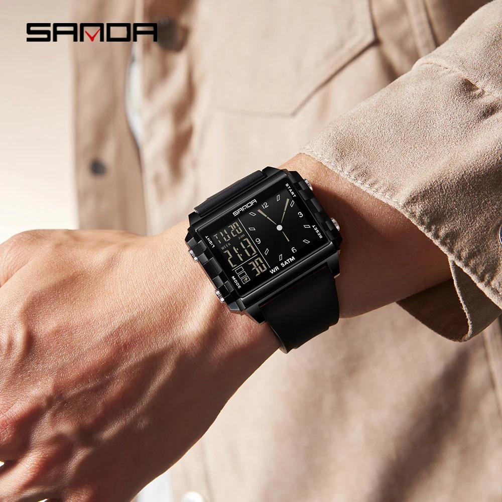 SANDA 6273 Wristwatch Square Dual Time Man Electron Analog Watch for Men Women Waterproof Count Down Timer Digital World Time - Image 5