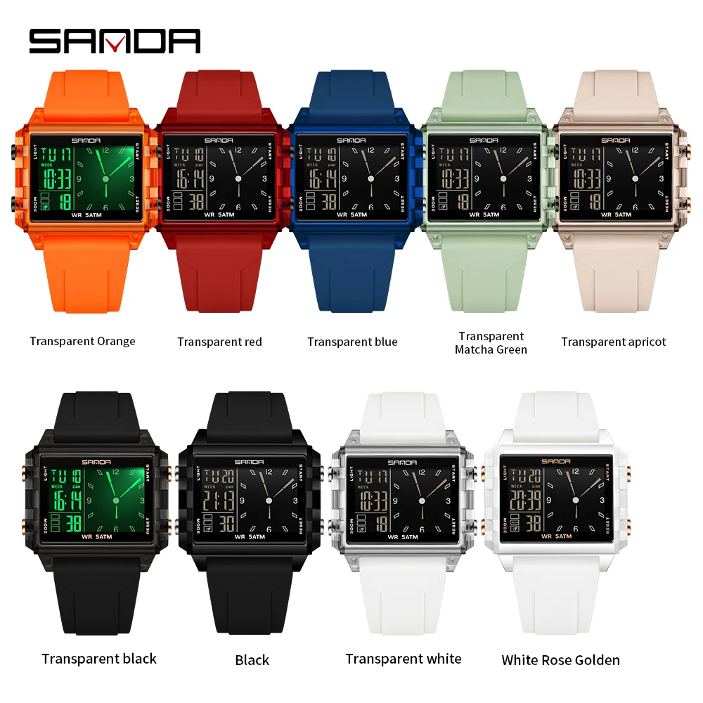 SANDA 6273 Wristwatch Square Dual Time Man Electron Analog Watch for Men Women Waterproof Count Down Timer Digital World Time - Image 2
