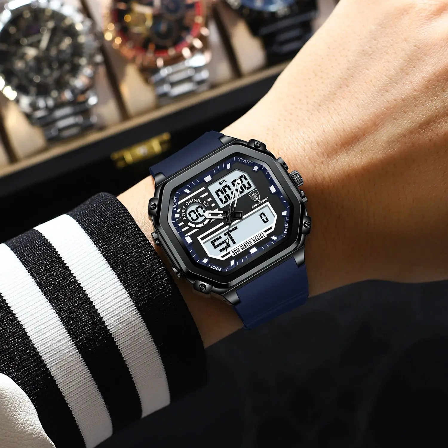 POEDAGAR Sports LED Men Watch Waterproof Luminous Week Date Square Man Wristwatch Silicone Strap Electronic Quartz Men's Watches - Image 5