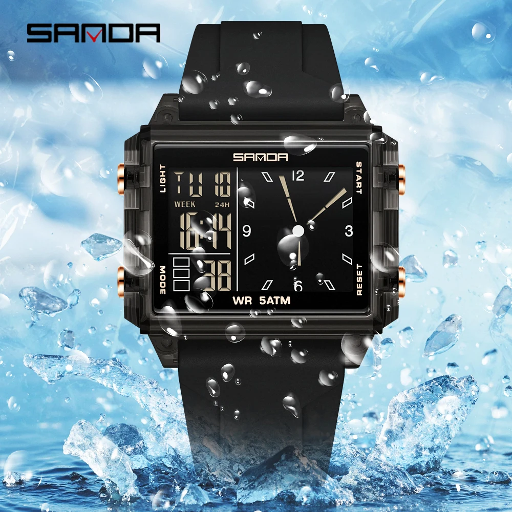 SANDA 6273 Wristwatch Square Dual Time Man Electron Analog Watch for Men Women Waterproof Count Down Timer Digital World Time - Image 6