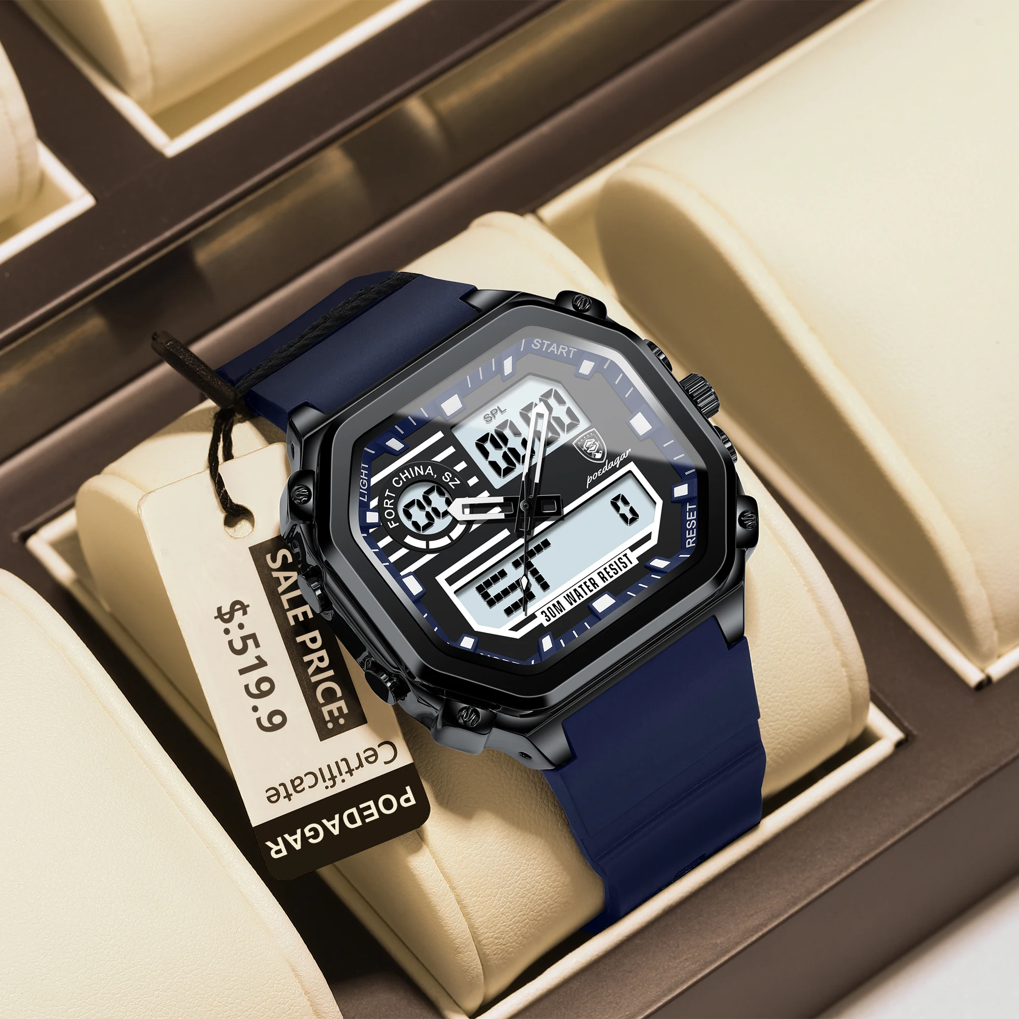 POEDAGAR Sports LED Men Watch Waterproof Luminous Week Date Square Man Wristwatch Silicone Strap Electronic Quartz Men's Watches - Image 2