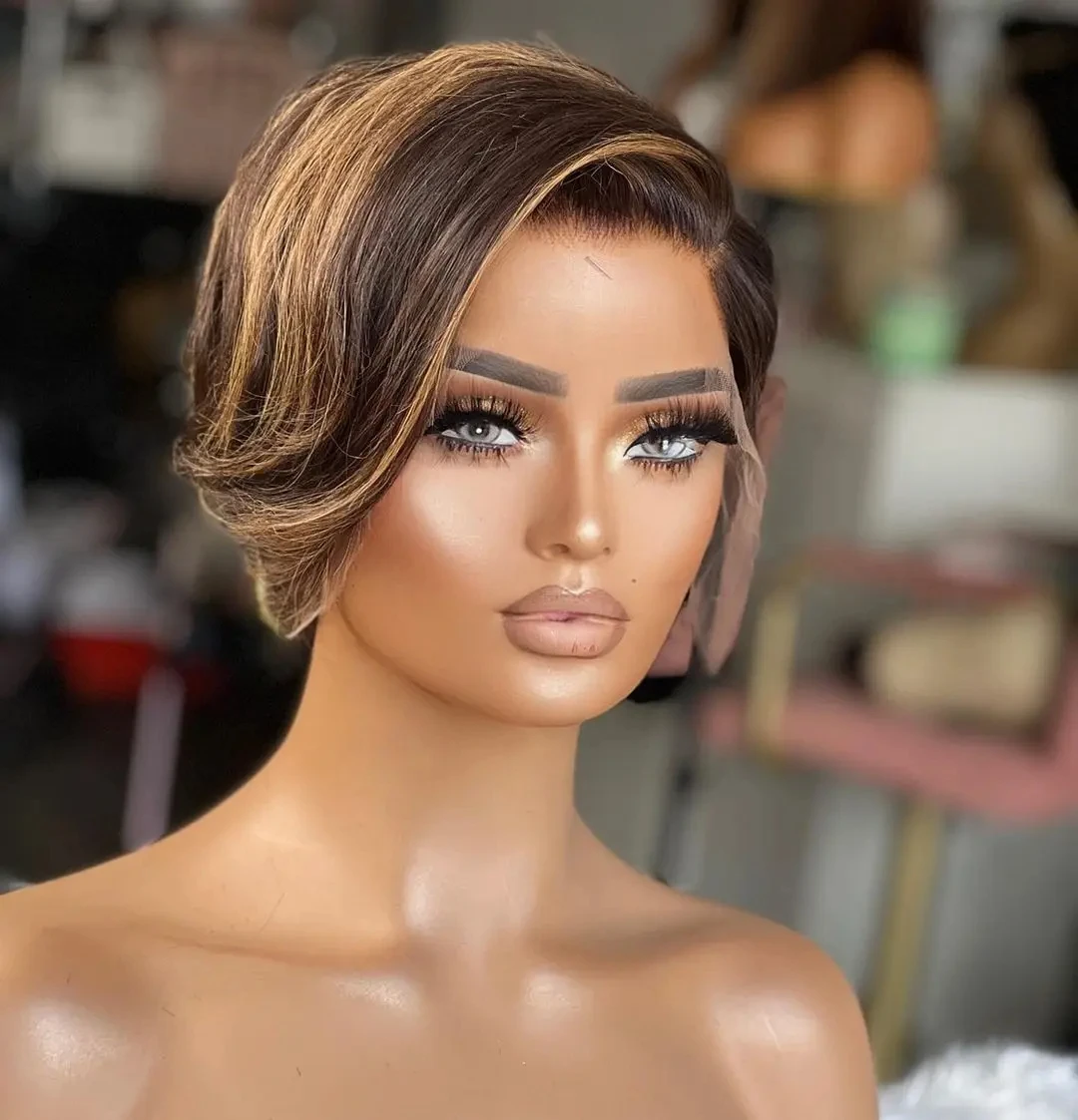 Short Bob Wig Pixie Cut Wig Straight Human Hair Wig 13X4 Transparent Lace Frontal Wig For Women Highlight Straight Pixie Cut Wig - Image 2