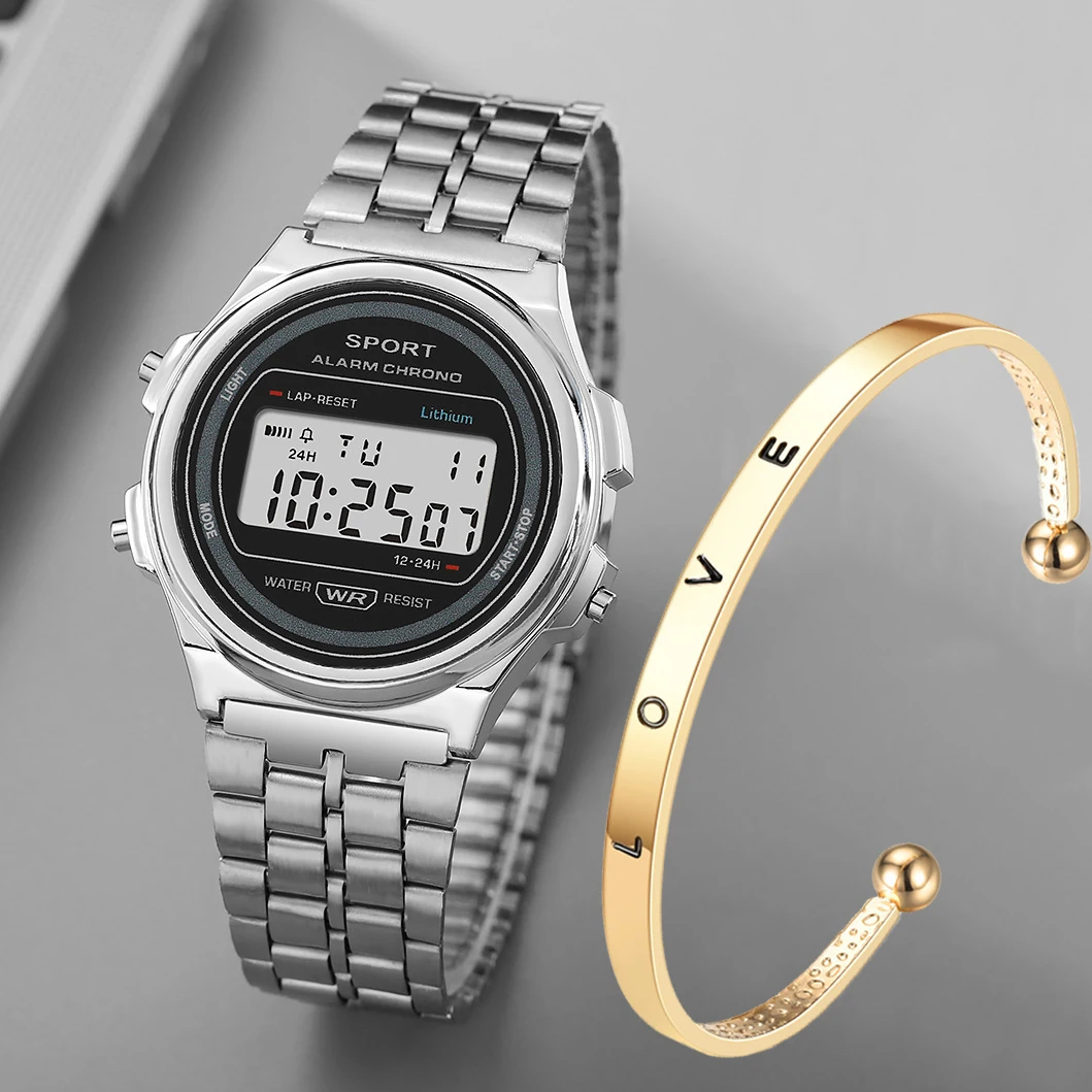 Women Casual LED Electronic Watch Retro Stainless Steel Strap Ladies LED Digital Watch Multifunction Sports Wristwatch Clock - Image 2