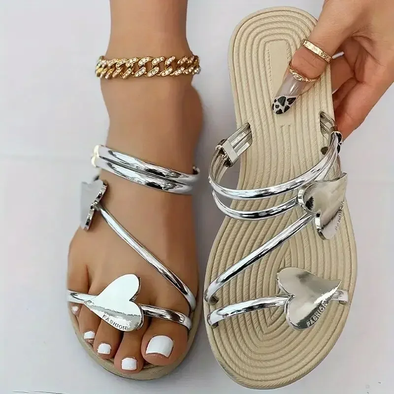 Elegant Women's Heart Flat Sandals Open Toe Woman Slippers Non Slip Shoes Outdoor Beach Slides Women Sandals Summer 2024 Size 43 - Image 2