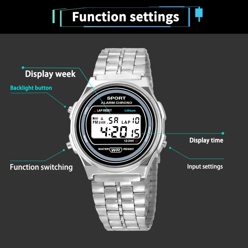 Women Casual LED Electronic Watch Retro Stainless Steel Strap Ladies LED Digital Watch Multifunction Sports Wristwatch Clock - Image 5