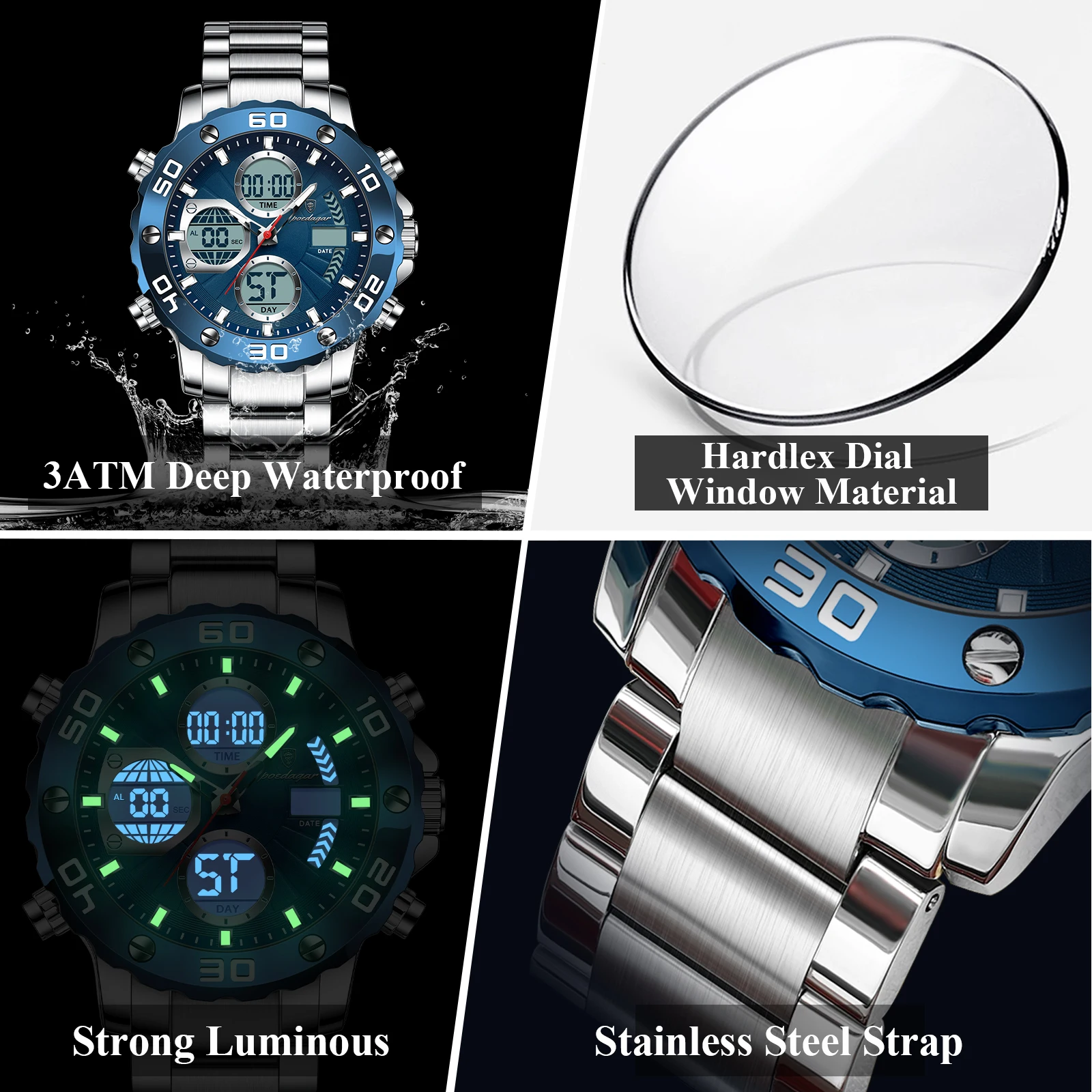 POEDAGAR Sport Wristwatch for Man LED Alarm Dual Time Display Digital Quartz Men Watch Electronic Waterproof Men's Watches Reloj - Image 4