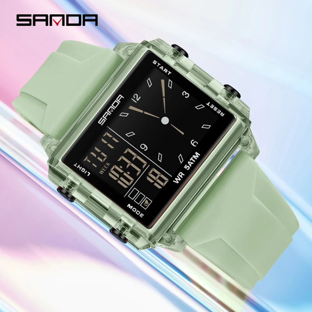 SANDA 6273 Wristwatch Square Dual Time Man Electron Analog Watch for Men Women Waterproof Count Down Timer Digital World Time - Image 4