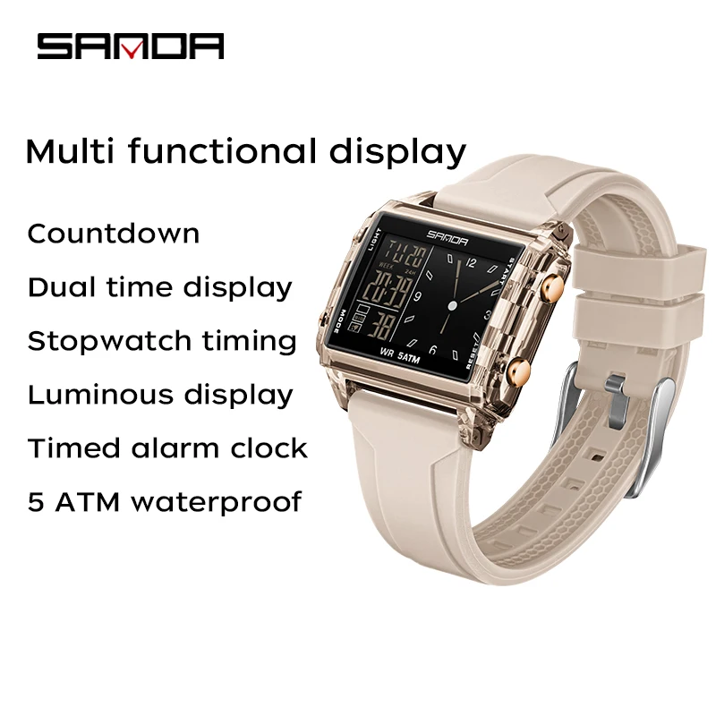 SANDA 6273 Wristwatch Square Dual Time Man Electron Analog Watch for Men Women Waterproof Count Down Timer Digital World Time - Image 3