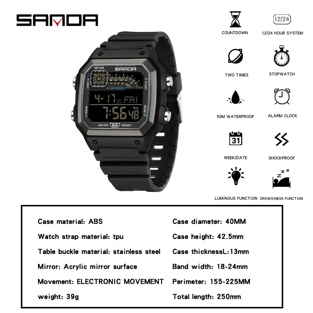 SANDA 6196 Electronic Watch Multi functional Night Glow Waterproof Sports Men's Lightweight Square Classic Student Watch 2025 - Image 3