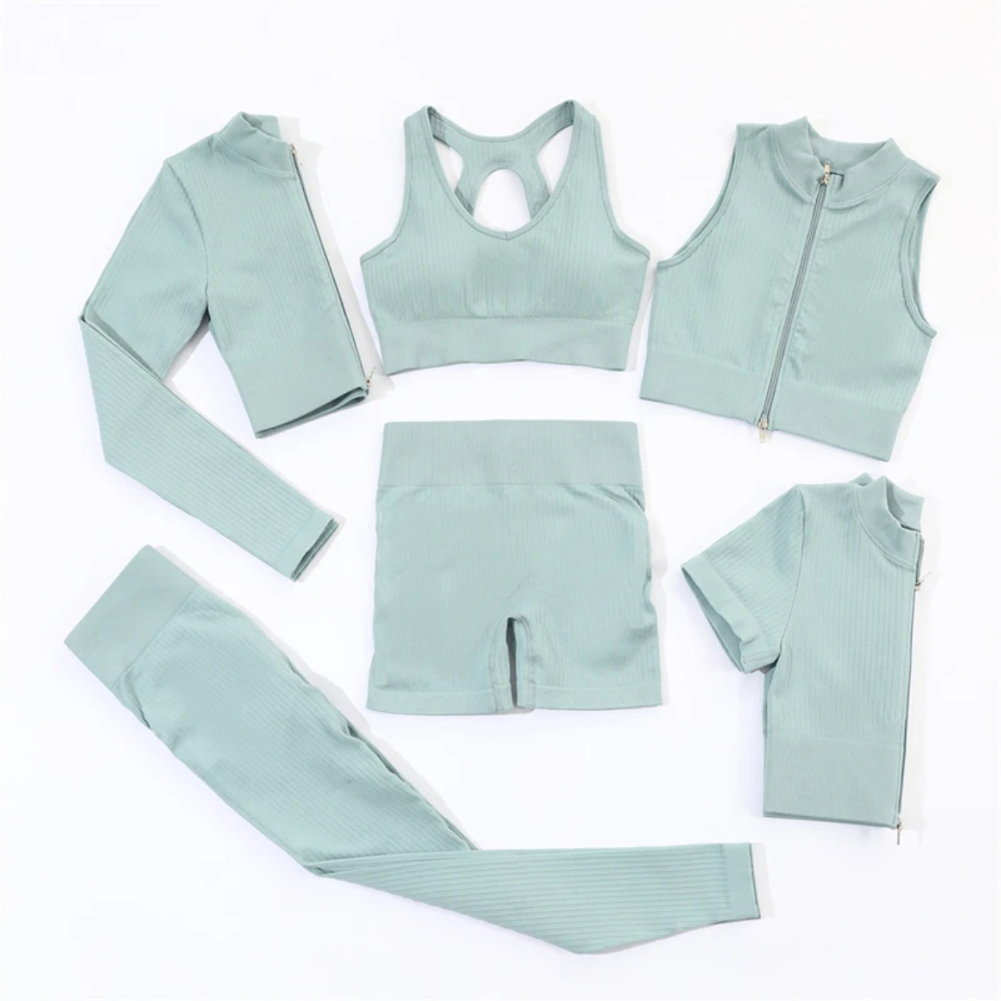 Women’s 6-Piece Ribbed Yoga Set – Leggings, Shorts & Sportswear Fitness Outfit | Athletic Gym Wear - Image 5