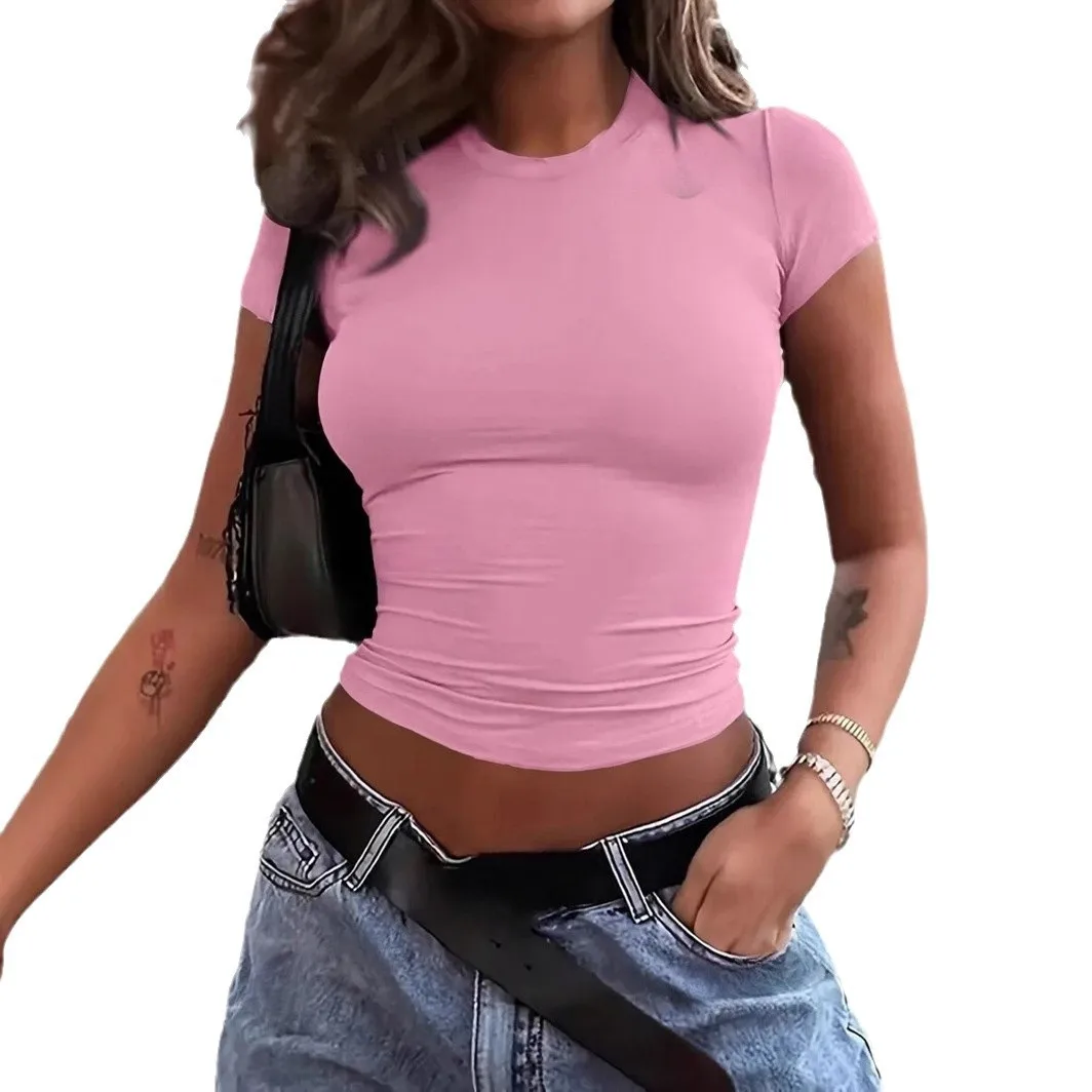 Women’s Solid Color Slim Fit Cotton Crop Top – Classic O-Neck Short T-Shirt - Image 5