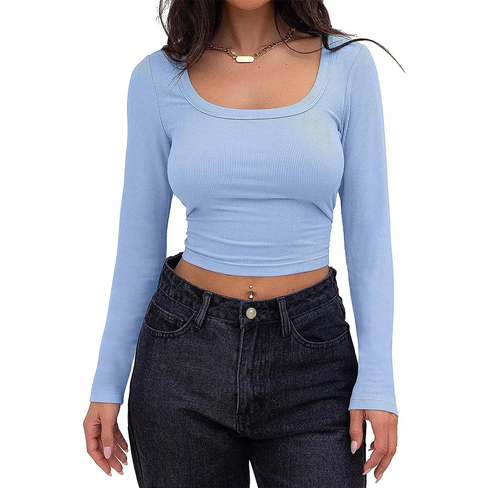 Women’s Square Neck Slim Fit Long Sleeve Ribbed Crop Top – European & American Style - Image 3