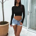 Women’s Autumn Knitted Long Sleeve Crop Top – Solid Round Neck Slim Fit Short T-Shirt - Image 2