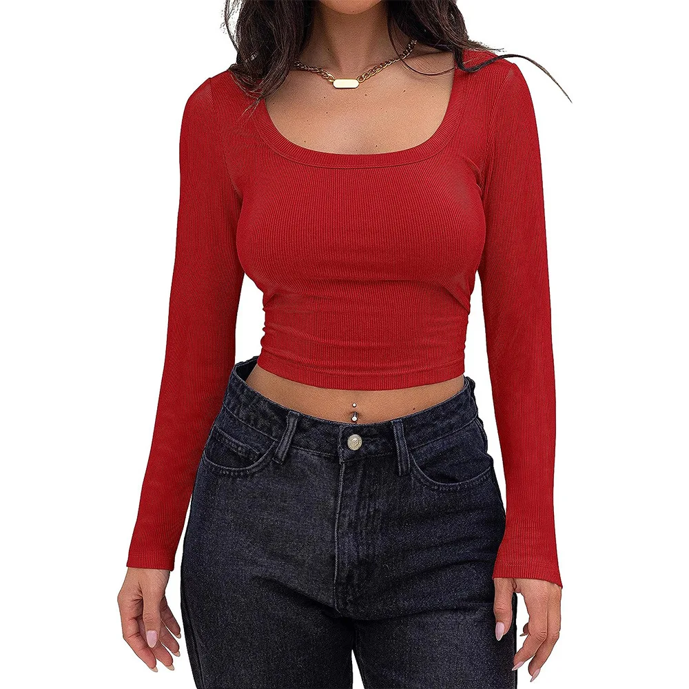 Women’s Square Neck Slim Fit Long Sleeve Ribbed Crop Top – European & American Style - Image 2