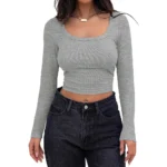 Women’s Square Neck Slim Fit Long Sleeve Ribbed Crop Top – European & American Style - Image 6