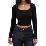 Women’s Square Neck Slim Fit Long Sleeve Ribbed Crop Top – European & American Style - Image 4
