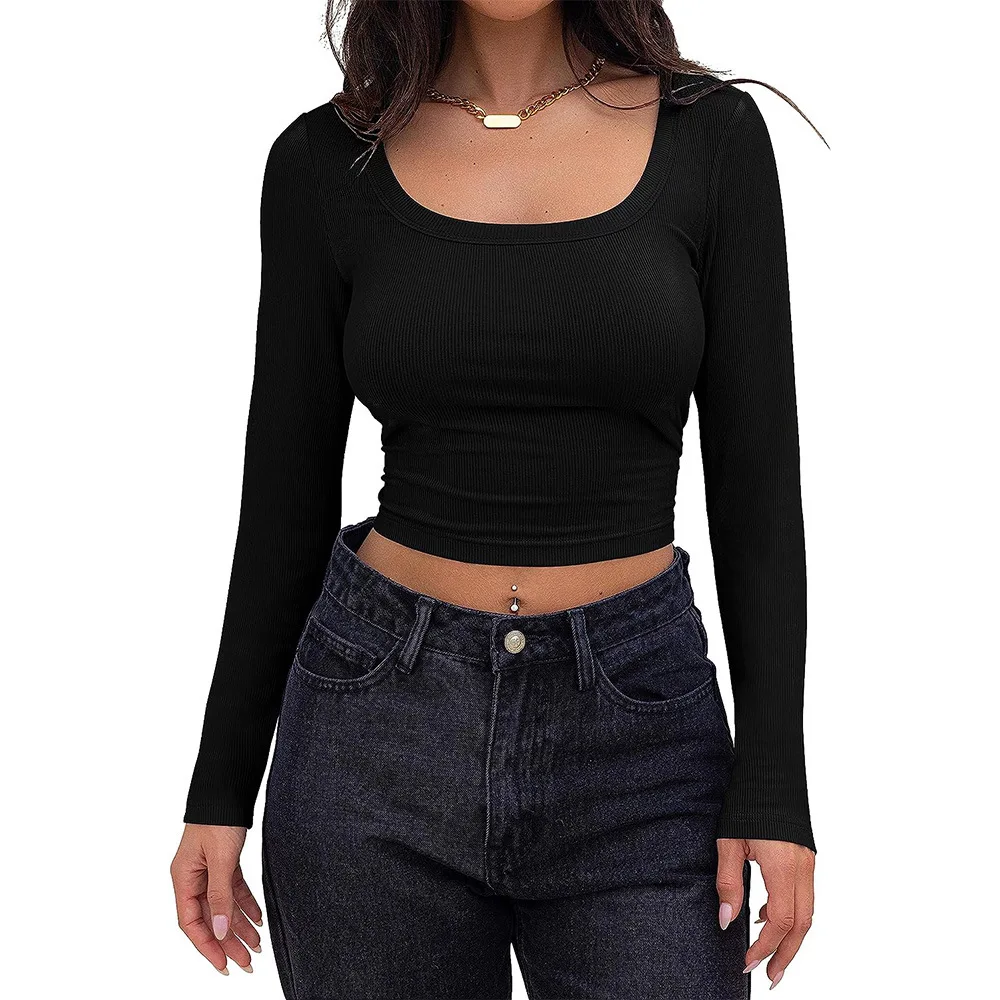 Women’s Square Neck Slim Fit Long Sleeve Ribbed Crop Top – European & American Style - Image 4
